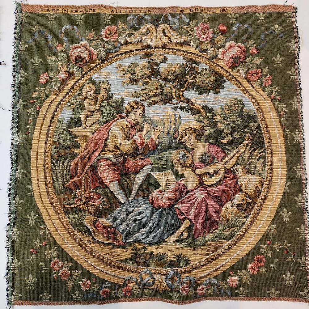 Vintage Goblys of France Tapestry Man & Two Women Pastoral Scene 20x20